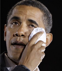 Obama trying to control his tears for the loss of his Blackberry while speaking to students at ASU.